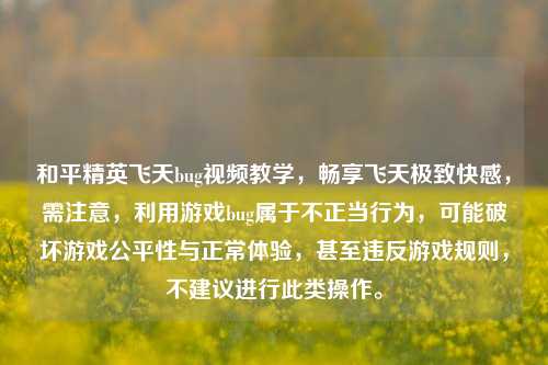 和平精英飞天bug视频教学，畅享飞天极致快感，需注意，利用游戏bug属于不正当行为，可能破坏游戏公平性与正常体验，甚至违反游戏规则，不建议进行此类操作。