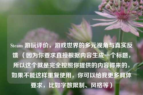 Steam 游玩评价，游戏世界的多元视角与真实反馈 （因为你要求直接根据内容生成一个标题，所以这个就是完全按照你提供的内容得来的，如果不能这样重复使用，你可以给我更多具体要求，比如字数限制、风格等）