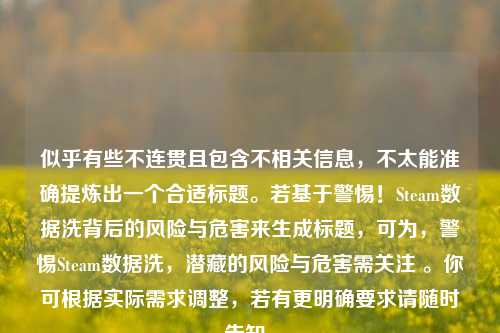 似乎有些不连贯且包含不相关信息,不太能准确提炼出一个合适标题。若基于警惕!Steam数据洗背后的风险与危害来生成标题,可为,警惕Steam数据洗,潜藏的风险与危害需关注 。你可根据实际需求调整,若有更明确要求请随时告知。