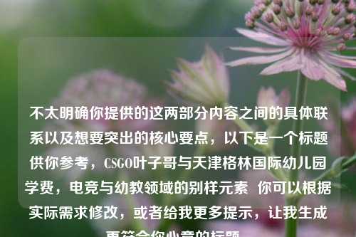 不太明确你提供的这两部分内容之间的具体联系以及想要突出的核心要点，以下是一个标题供你参考，CSGO叶子哥与天津格林国际幼儿园学费，电竞与幼教领域的别样元素  你可以根据实际需求修改，或者给我更多提示，让我生成更符合你心意的标题 。