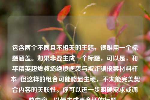 包含两个不同且不相关的主题，很难用一个标题涵盖。如果非要生成一个标题，可以是，和平精英超燃救场绝境逆袭与被诈骗报案材料样本  但这样的组合可能略显生硬，不太能完美契合内容的关联性。你可以进一步明确需求或调整内容，以便生成更合适的标题 。