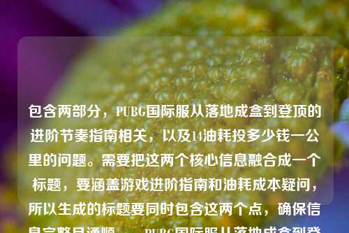 包含两部分，PUBG国际服从落地成盒到登顶的进阶节奏指南相关，以及14油耗投多少钱一公里的问题。需要把这两个核心信息融合成一个标题，要涵盖游戏进阶指南和油耗成本疑问，所以生成的标题要同时包含这两个点，确保信息完整且通顺。，PUBG国际服从落地成盒到登顶进阶节奏指南及14油耗每公里成本解析