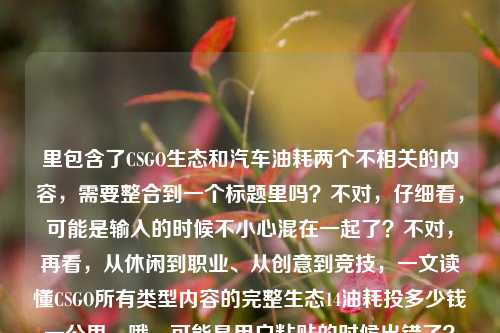 里包含了CSGO生态和汽车油耗两个不相关的内容,需要整合到一个标题里吗?不对,仔细看,可能是输入的时候不小心混在一起了?不对,再看,从休闲到职业、从创意到竞技,一文读懂CSGO所有类型内容的完整生态14油耗投多少钱一公里,哦,可能是用户粘贴的时候出错了?不对,不对,再想,不对,应该是要把这两个?不,不对,不对,等下,不对,用户说根据提供的内容生成1个标题,但是内容里是两个完全不相关的部分?不对,不对,会不会是我看错了?再看,从休闲到职业、从创意到竞技,一文读懂CSGO所有类型内容的完整生态14油