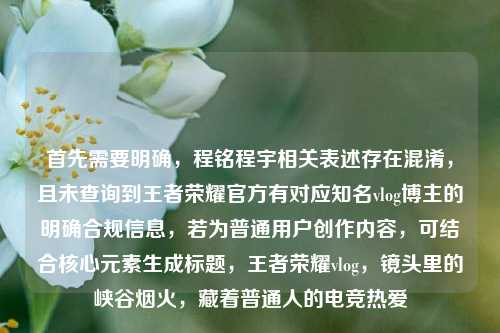 首先需要明确,程铭程宇相关表述存在混淆,且未查询到王者荣耀官方有对应知名vlog博主的明确合规信息,若为普通用户创作内容,可结合核心元素生成标题,王者荣耀vlog,镜头里的峡谷烟火,藏着普通人的电竞热爱
