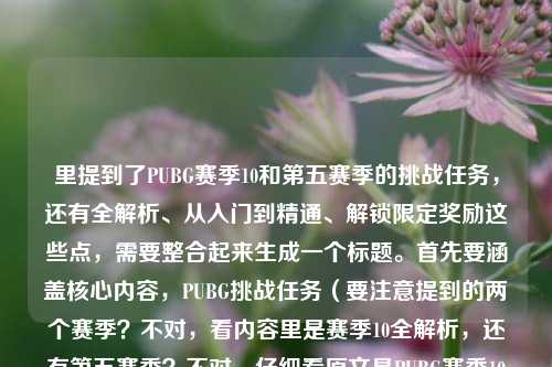 里提到了PUBG赛季10和第五赛季的挑战任务,还有全解析、从入门到精通、解锁限定奖励这些点,需要整合起来生成一个标题。首先要涵盖核心内容,PUBG挑战任务(要注意提到的两个赛季?不对,看内容里是赛季10全解析,还有第五赛季?不对,仔细看原文是PUBG赛季10挑战任务全解析,从入门到精通,解锁专属限定奖励pubg第五赛季挑战任务,可能是用户输入的内容里有两个赛季?不对,再看,可能是输入的时候的问题?不对,应该是核心是挑战任务解析,还有解锁奖励,要把关键信息放进去。哦,不对,再理,用户给的内容是关于
